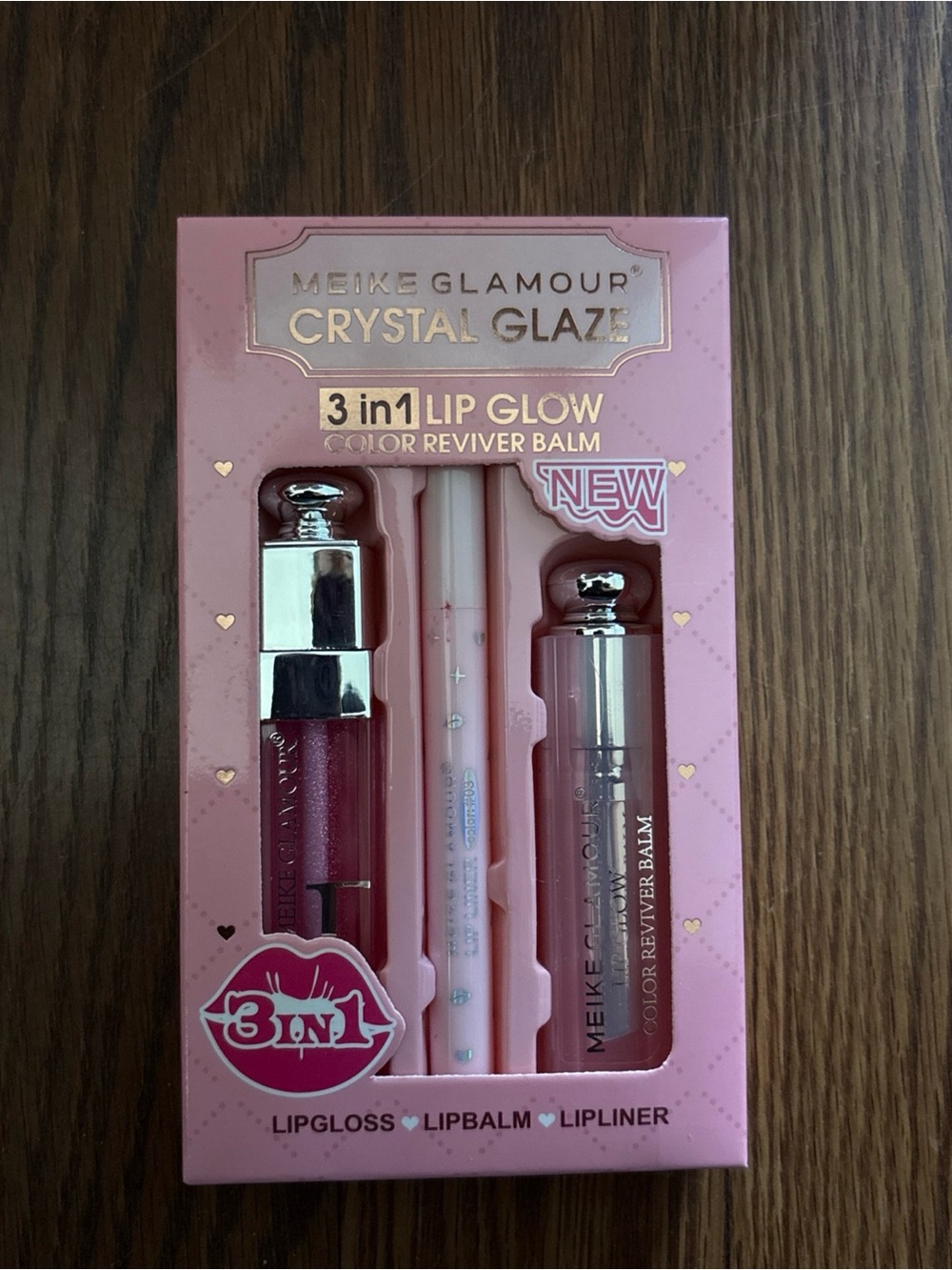 Mike Glamour Crystal Glaze 3-in-1 Lip Glow — Pink with Rose Gold Accents